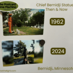 Side-by-side comparison of the Chief Bemidji Statue in Bemidji, Minnesota: a 1962 postcard on the left and a 2024 photograph on the right, showing over sixty years of the statue’s history