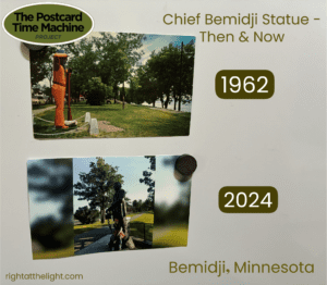 Side-by-side comparison of the Chief Bemidji Statue in Bemidji, Minnesota: a 1962 postcard on the left and a 2024 photograph on the right, showing over sixty years of the statue’s history.