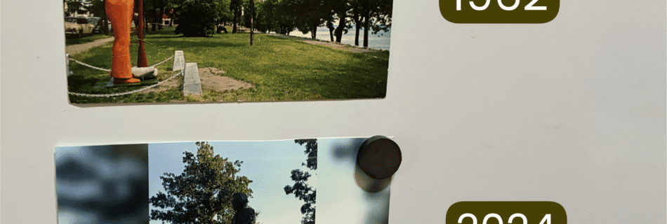 Side-by-side comparison of the Chief Bemidji Statue in Bemidji, Minnesota: a 1962 postcard on the left and a 2024 photograph on the right, showing over sixty years of the statue’s history