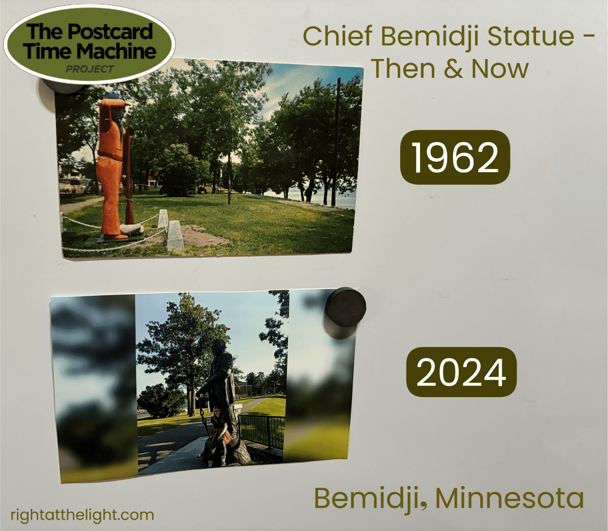 Side-by-side comparison of the Chief Bemidji Statue in Bemidji, Minnesota: a 1962 postcard on the left and a 2024 photograph on the right, showing over sixty years of the statue’s history