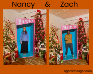 Nancy and Zach in giant Barbie boxes at Christmas display