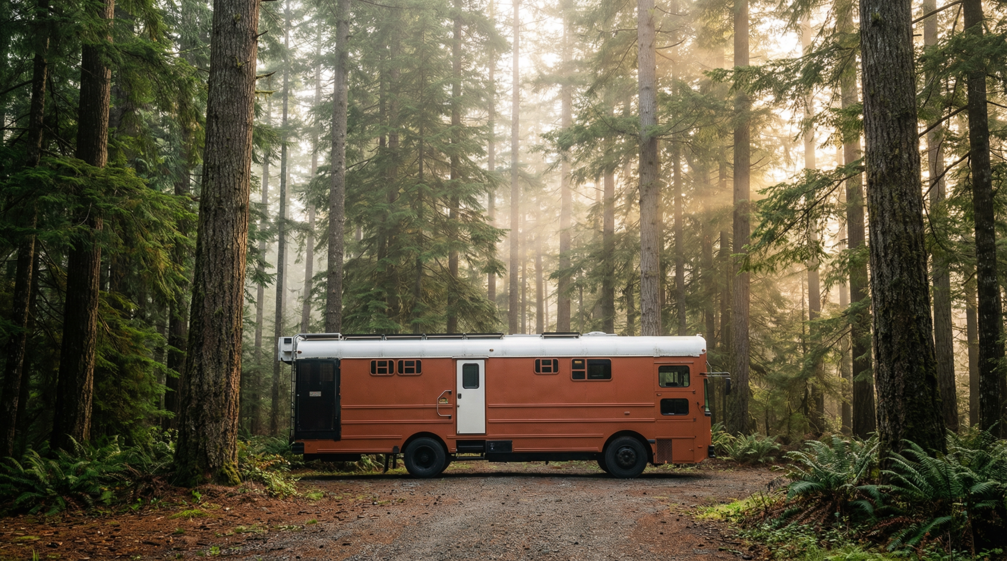 A wide landscape photograph of a custom orange flat-nose school bus with a tall white roof raise, parked in a dense, misty pine forest. The 'Right at the Light' bus is shown in a scenic travel setting, representing essential road trip resources and bus life survival gear