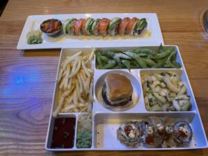 Burger bento box and sushi meal at The Cowfish in Raleigh restaurant.
