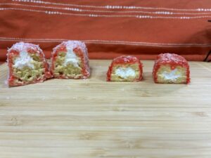 Homemade copycat Hostess Zingers compared to store-bought Hostess Zingers cross-section
