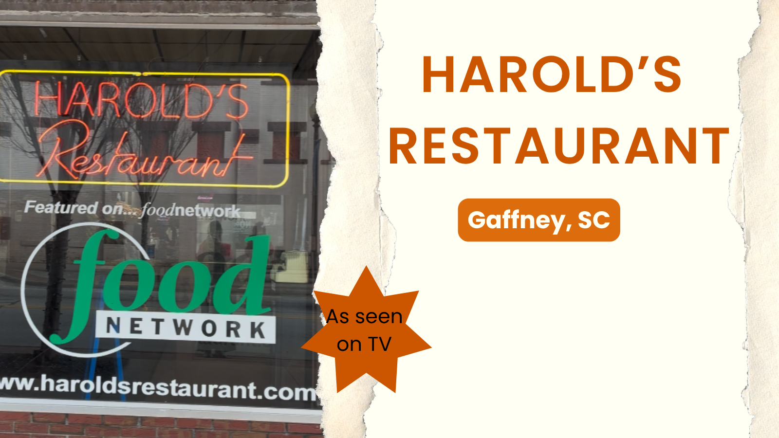 Harold’s Restaurant in Gaffney, South Carolina, with its neon sign and Food Network featured location window