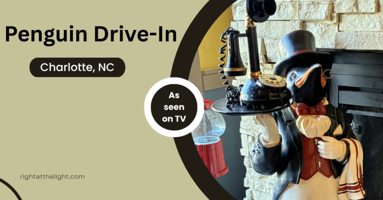 Penguin Drive-In in Charlotte, North Carolina, featuring the restaurant's penguin statue and an As Seen on TV badge.
