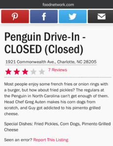 Penguin Drive-In Charlotte NC listed as closed on the Food Network website