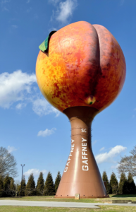 World's Largest Peach, The Peachoid, is a water tower holding 1 million gallons of water. It is located in Gaffney, South Carolina. 
