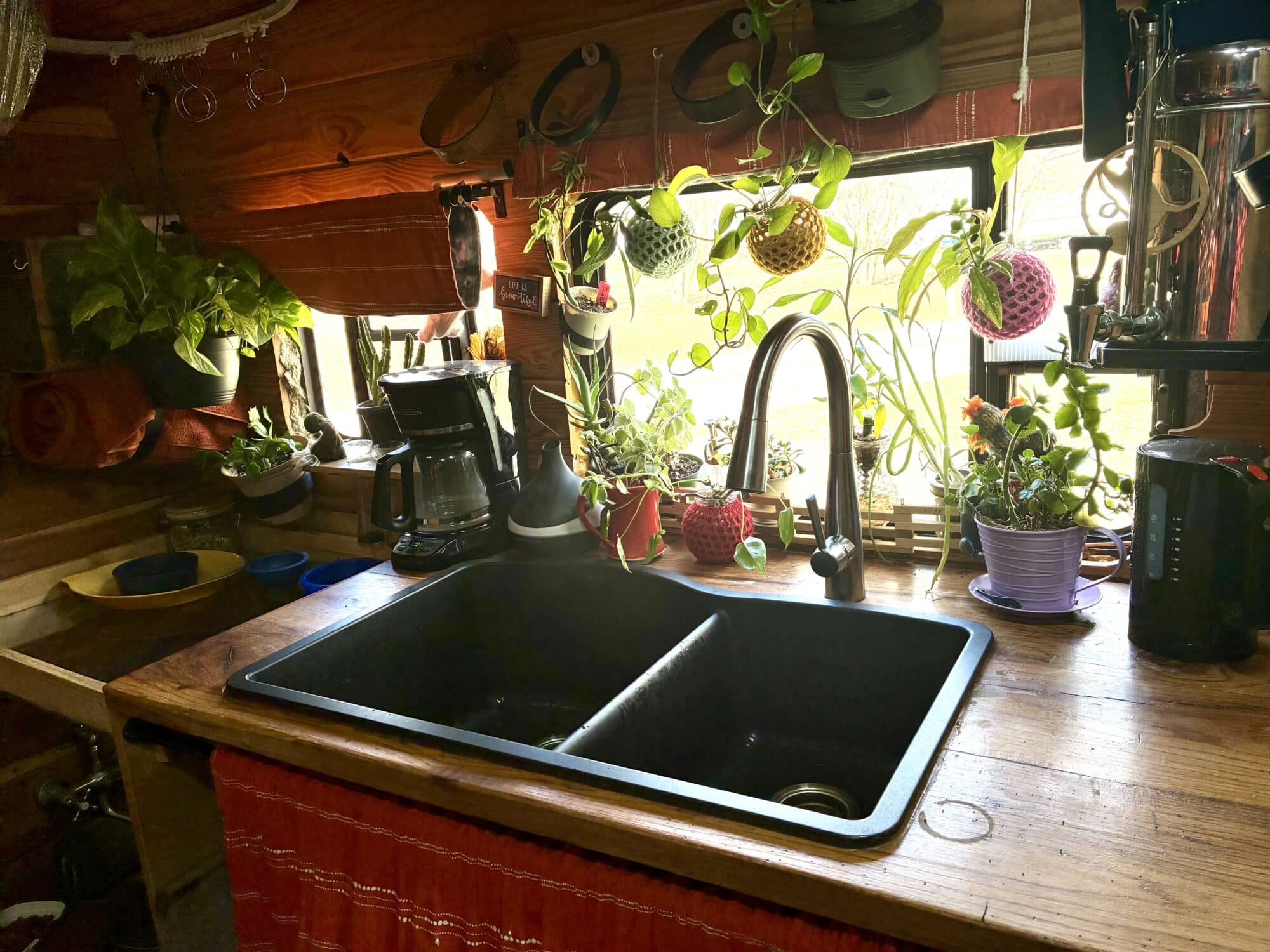 Plants growing in and around the kitchen sink window of a converted school bus