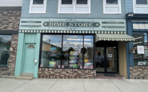 Wakarusa Dime Store exterior with striped awning