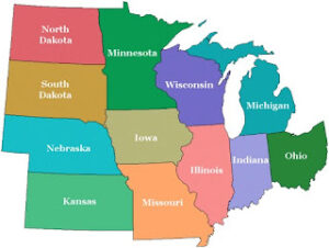 Midwest region map with labeled states