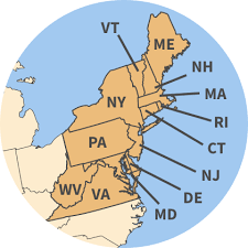 Northeast region map with labeled states including Delaware