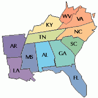 Southeast region map with labeled states