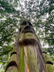 Looking up from the base of Peter Toth's Whispering Giant sculpture beneath the tree canopy at Mount Trashmore Park in Virginia Beach, Virginia.