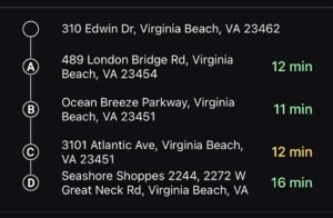 Screenshot of a Google Maps route showing the Mystery GPS Tour stops in Virginia Beach, Virginia, including Mount Trashmore, Lawyer Garage, Hugh Mongous, King Neptune, and Carib Shack.