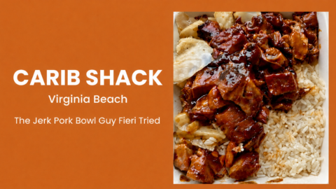 Jerk Pork Bowl with rice, cabbage, and carrots from Carib Shack in Virginia Beach, featured on Diners, Drive-Ins and Dives.