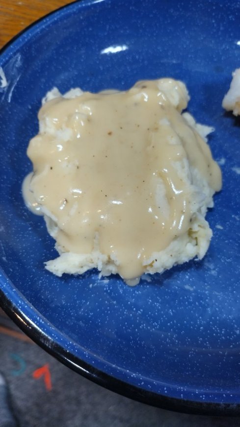 Mashed potatoes topped with Cajun gravy on a blue speckled camping plate.