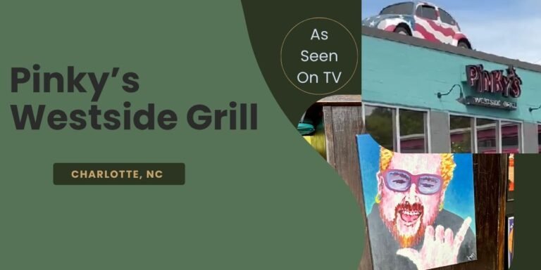 Pinky's Westside Grill in Charlotte, North Carolina, with a red, white, and blue Beetle on the roof and a wall mural of Guy Fieri