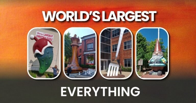 World's Largest roadside attractions collage — Christmas Pickle, Chess Piece, Fork, and Gnome