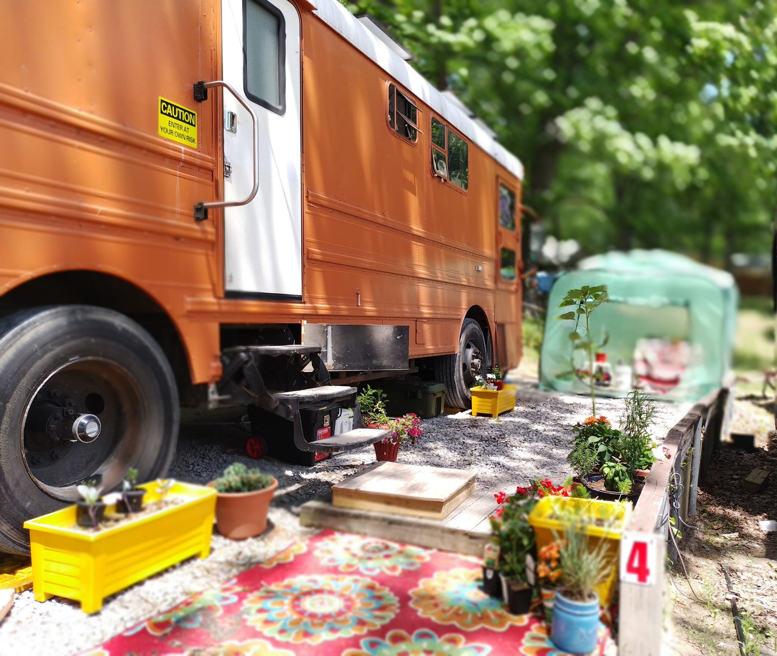 The Big Orange Bus, a rust-orange converted school bus, parked at a sunny campsite with garden planters and a colorful outdoor rug beside the entry door