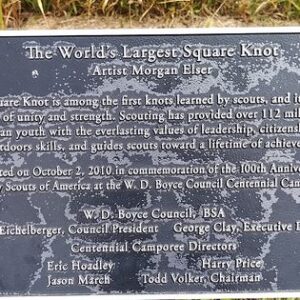 Plaque marking the former world’s largest square knot roadside attraction in Hudson Illinois