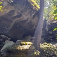 Sunbeams cut through tall trees onto a moss‑covered rock overhang, its layered cliff face rising above the forest floor.