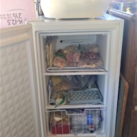 Open freezer with three shelves containing packaged frozen food, eggs, and frozen meats, with Lomi composter sitting on top