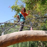 Decorative metal bridge with curved railings and a stone base at the Botanical Garden of the Ozarks, with a person in a turquoise shirt, dark pants, and orange lei making a hand gesture, surrounded by green trees under a clear blue sky