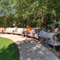 Decorative miniature train setup with a vintage-style locomotive and passenger cars positioned on a curved concrete path at the Botanical Garden of the Ozarks, with a person in a bright orange and yellow shirt seated on one of the train cars, surrounded by green grass and trees