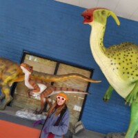 Dinosaur exhibit in Meadow Gold District Tulsa featuring three large models including a green Parasaurolophus and two Velociraptor-style figures, with a visitor in orange hat posing in front of a blue wall and red counter.