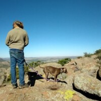 Hiker in a tan jacket and jeans standing on rocky terrain with a brown dog on a leash, both facing a sweeping view of Oklahoma plains from Mount Scott under a clear blue sky.