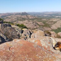 Rocky granite boulders and scenic overlook at Mount Scott Oklahoma summit with mountain views