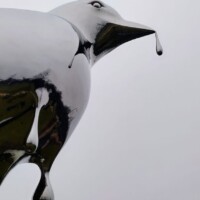 Close-up of the Reflection sculpture in Nashville—mirrored bird beak with a droplet, set against a cloudy sky.