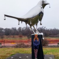 Reflection sculpture in Nashville’s Shelby Park—mirrored bird with dripping wing details on a pedestal, with a visitor in a blue jacket and patterned pants standing in front, surrounded by grass, trees, and a colorful fence.