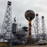 Outdoor installation at Billy Tripp’s Mindfield Brownsville TN featuring metal towers, a spherical water tower on a rusted base, a boat on the ground, and sculptural ship‑like structures with human figures.