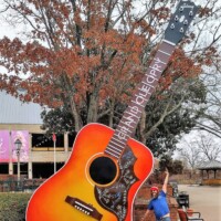 Towering orange and red Grand Ole Opry guitar sculpture with black detailing, displayed outdoors among autumn trees. A person stands beside it, reaching upward toward the neck of the guitar.