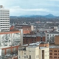 Knoxville TN downtown aerial view – Historic mural, brick buildings, and skyline under a partly cloudy sky.