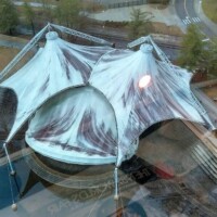 Knoxville TN landmark with a peaked canopy, visible from the Sunsphere observation deck