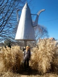 Oversized metallic teapot sculpture known as The Mickey Coffee Pot, standing tall in Winston-Salem with dried grasses in the foreground and bare trees in the background.