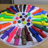 The Wheel of Kazoos” – a circular display of brightly colored plastic kazoos radiating out like rainbow sunbeams, center-capped with colorful resonator buttons. Pure kazoo chaos. Pure delight.
