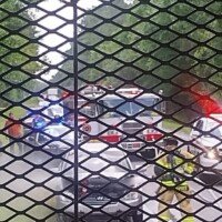 A street with cars seen through a metal mesh gate
