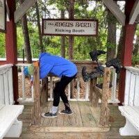 A person suspended mid-kick inside the Angus Barn Kicking Booth, face through the wooden frame, legs dramatically lifted behind with unmatched dedication, framed by white benches and trees in the background.