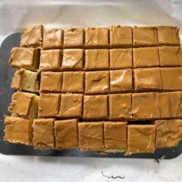 A baking tray of square-cut golden-brown dessert bars arranged in rows