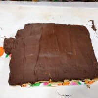 A chocolate-frosted sheet cake on a tray with a colorful placemat