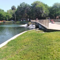 Footbridge spanning a sparkling spring-fed stream at DeLeon Springs, with people gathered near the railings, a small fountain or waterfall feature in the water below, and surrounding trees creating a lush, natural backdrop