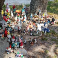 Tree ringed with colorful gnomes of varying sizes beside a calm, open water view.