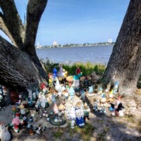 Cluster of whimsical gnome decorations surrounding a tree facing the shoreline.