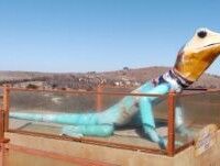 A colorful lizard sculpture wearing a scarf, enclosed in a transparent display case.