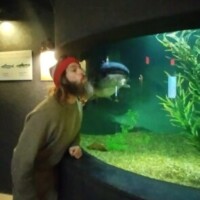 A person standing next to a large aquarium tank, observing a big fish swimming near the glass. The tank features aquatic plants, a gravel substrate, and an educational sign with fish illustrations on the wall