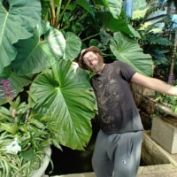Zach posing with arms outstretched in a tropical greenhouse, surrounded by large green leaves and a small pond, blending nature and playful charm
